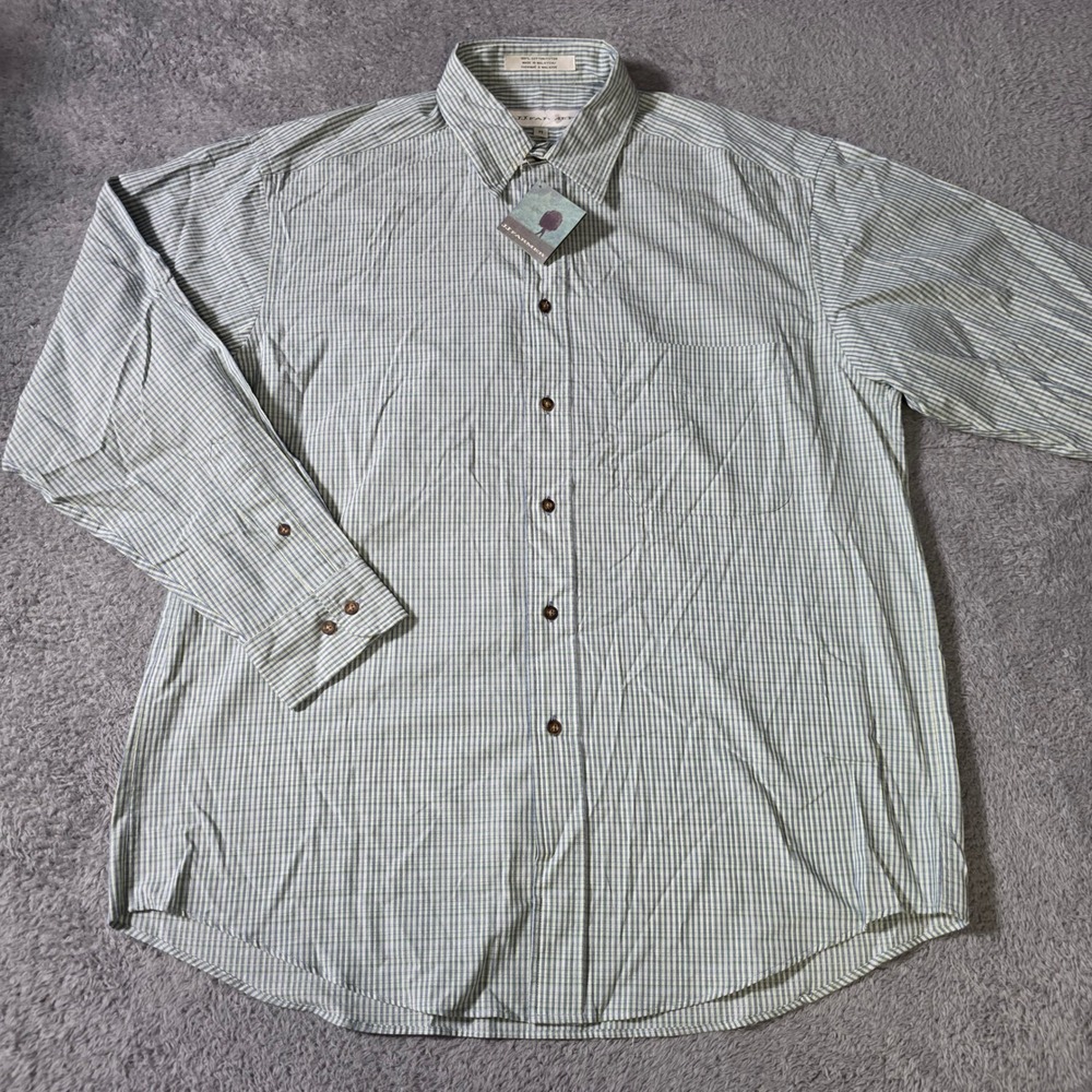 JJ Farmer Mens M Button Down Shirt Green Blue Micro Check Long Sleeve B9J52